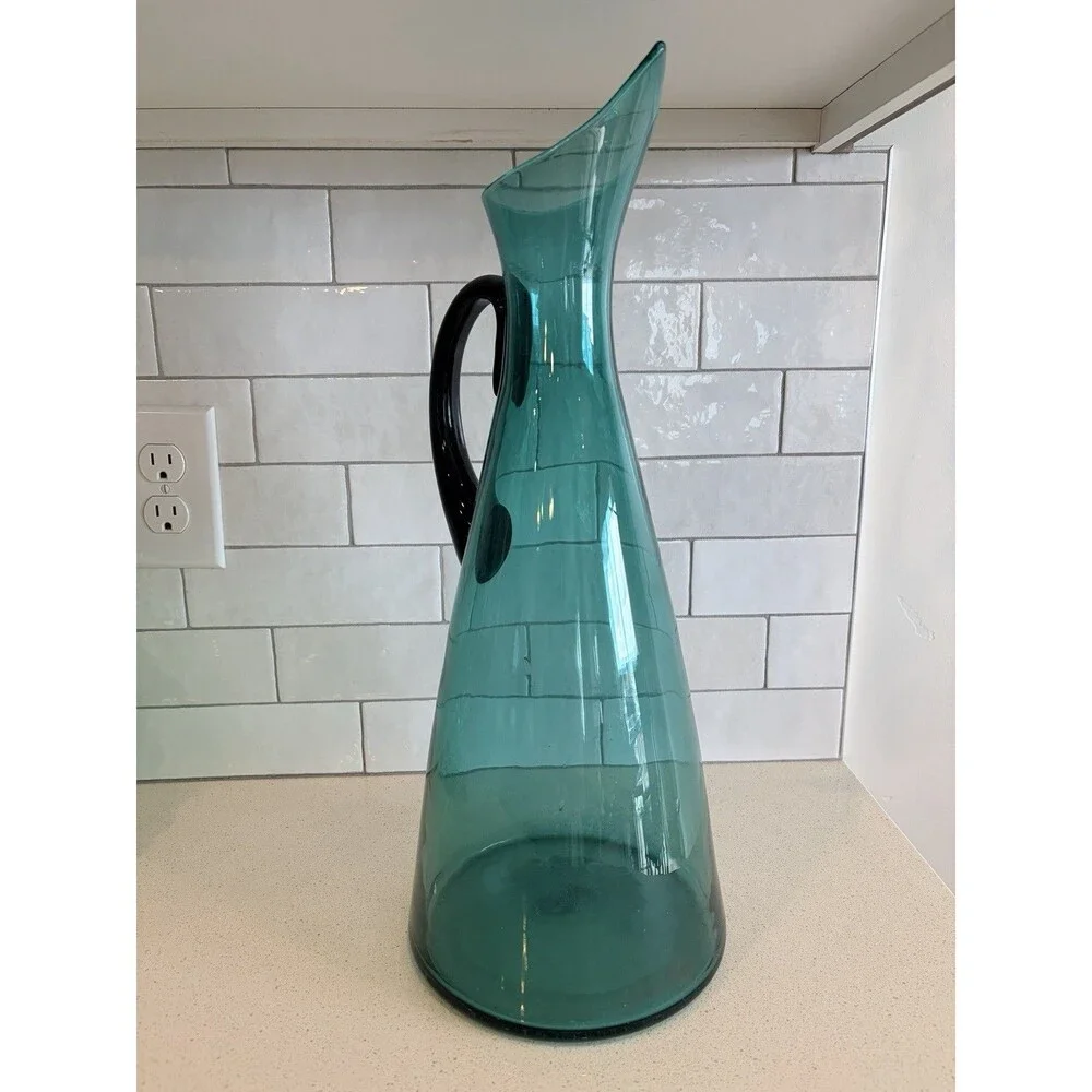 Mid Century Modern Blenko W. Anderson Sea Green Pitcher W/ Black Handle